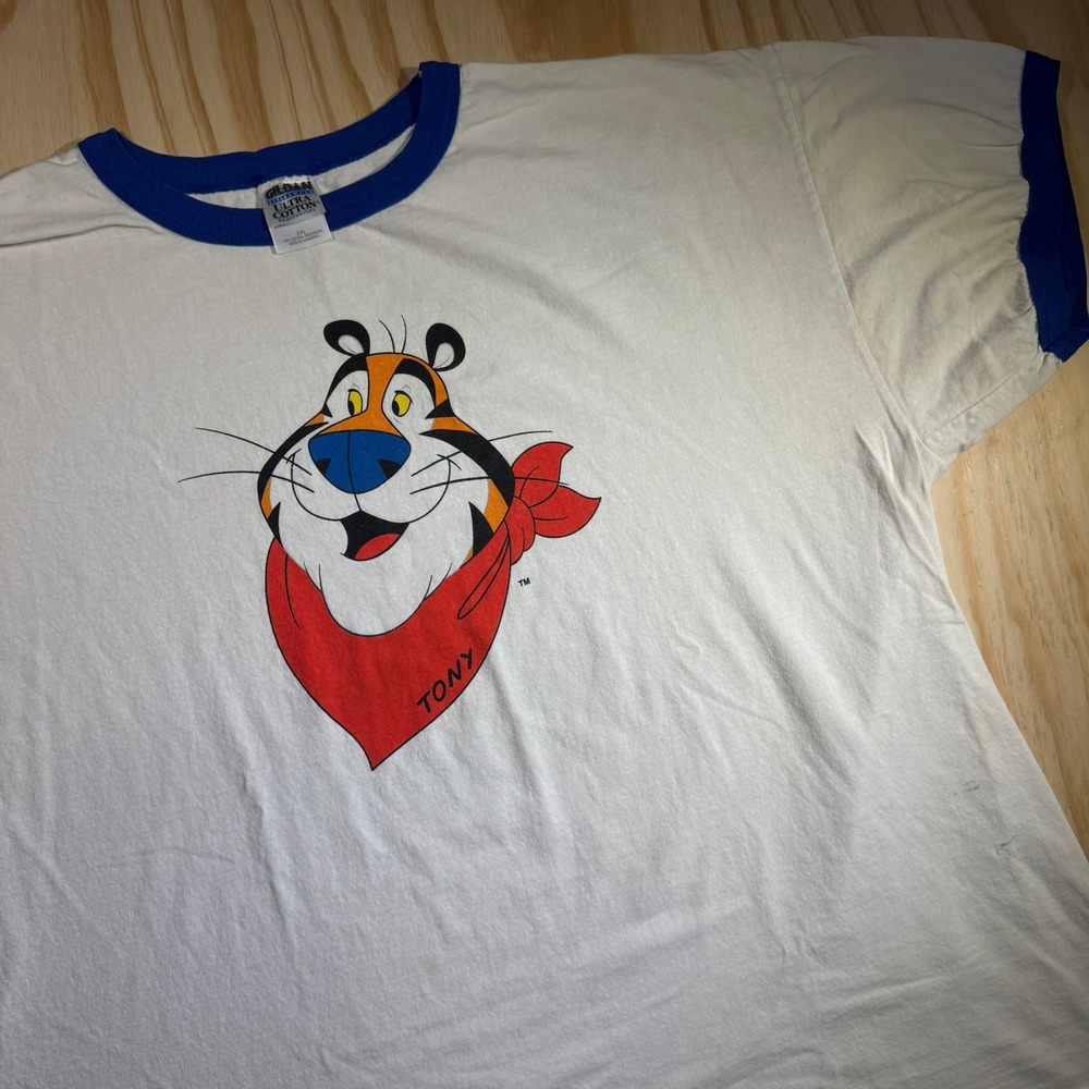 Gildan Unisex Frosted Flakes Tony the Tiger Ringer Graphic Tee White Blue Sz 2XL